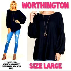 Worthington Top Size L Puff Sleeve High Low Shark Bite Stretch NWT